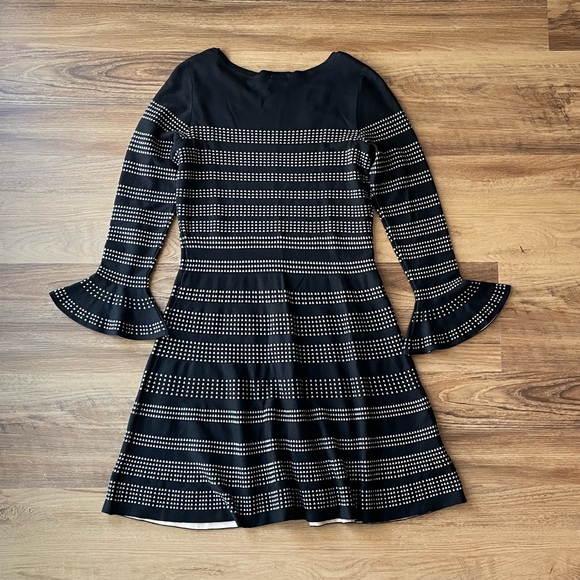 Taylor boat neck long bell sleeve dress, black white dots flare dress. - Picture 2 of 5